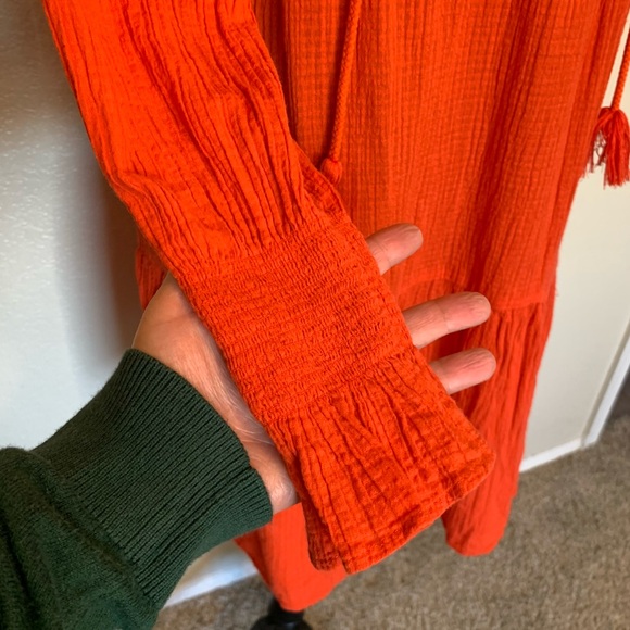 J. Crew Long Sleeve Textured Gauze Dress Ruffle Neck Tassels Red Orange Medium - Picture 3 of 15